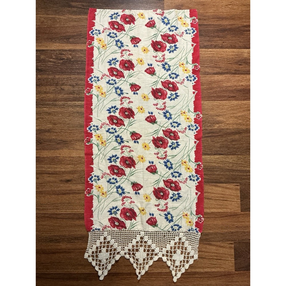Vintage Red Floral Linen Table Runner Crocheted Lace Edging